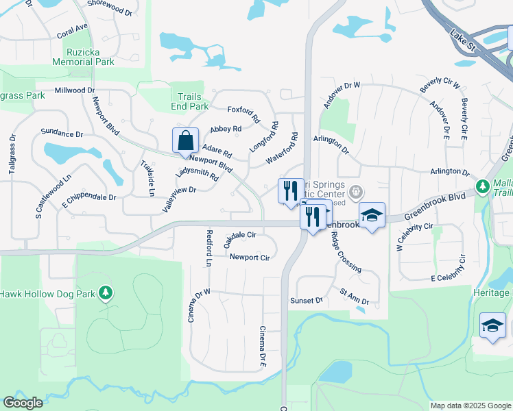 map of restaurants, bars, coffee shops, grocery stores, and more near 1125 Longford Road in Bartlett