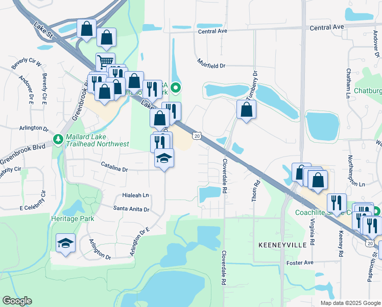 map of restaurants, bars, coffee shops, grocery stores, and more near 1000 West Lake Street in Hanover Park