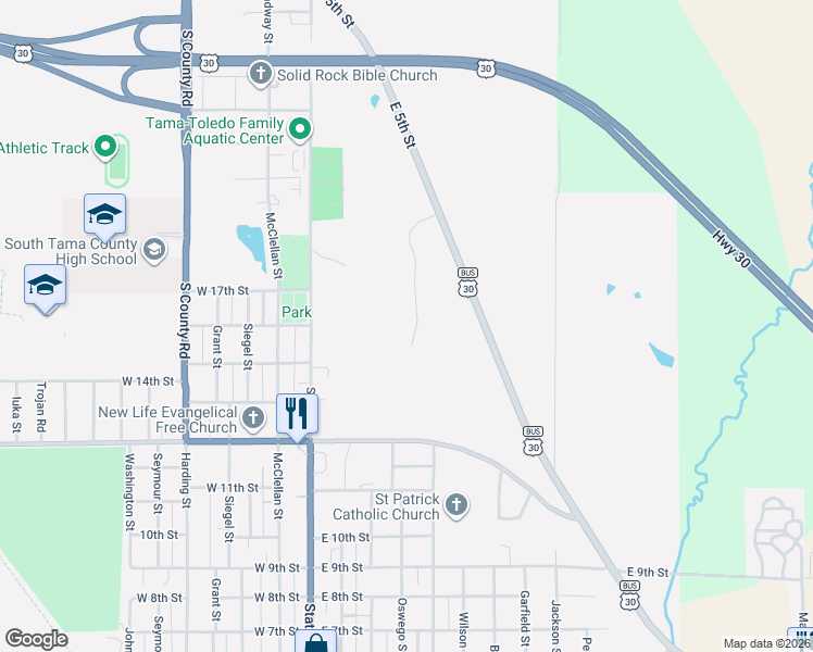 map of restaurants, bars, coffee shops, grocery stores, and more near 1001-1099 Oakland Drive in Tama