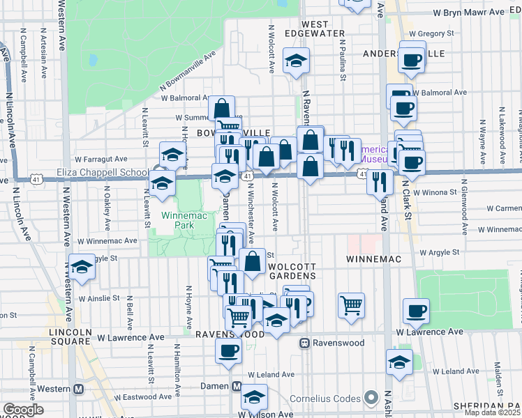 map of restaurants, bars, coffee shops, grocery stores, and more near 1901 West Winona Street in Chicago