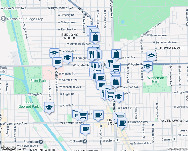 map of restaurants, bars, coffee shops, grocery stores, and more near 2515 West Winona Street in Chicago