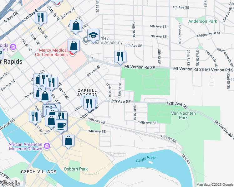 map of restaurants, bars, coffee shops, grocery stores, and more near 1129 15th Street Southeast in Cedar Rapids