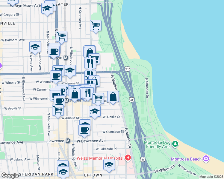 map of restaurants, bars, coffee shops, grocery stores, and more near 5040 North Marine Drive in Chicago