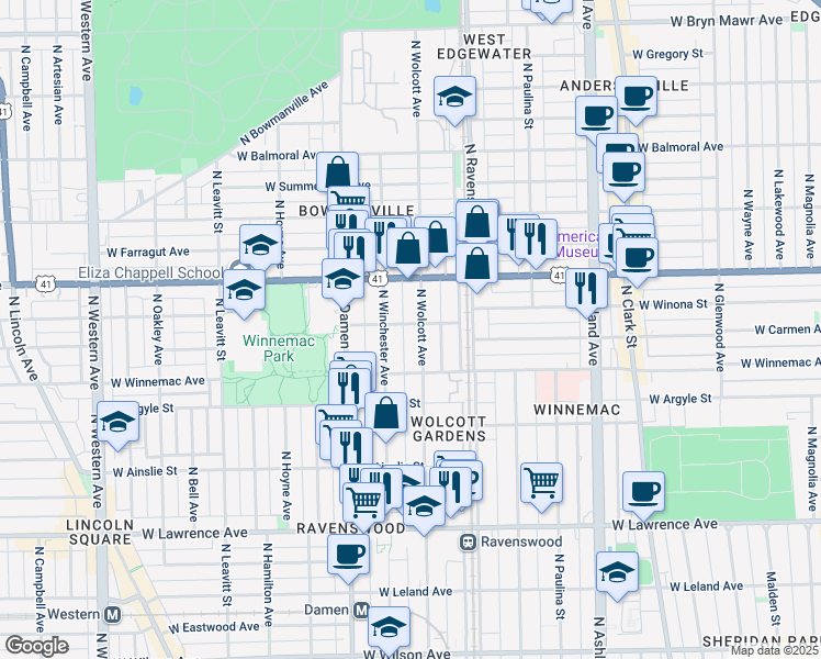 map of restaurants, bars, coffee shops, grocery stores, and more near 1901 West Winona Street in Chicago