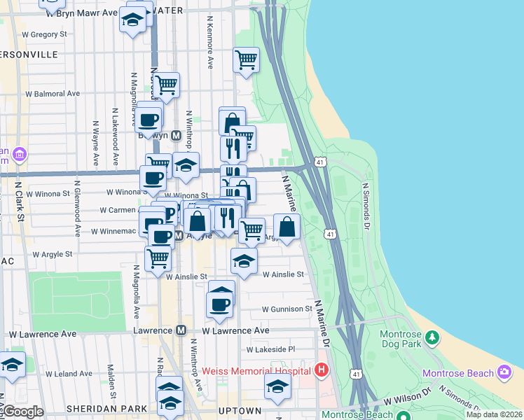 map of restaurants, bars, coffee shops, grocery stores, and more near 932 West Carmen Avenue in Chicago