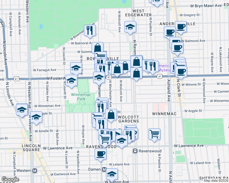 map of restaurants, bars, coffee shops, grocery stores, and more near 1921 West Winona Street in Chicago