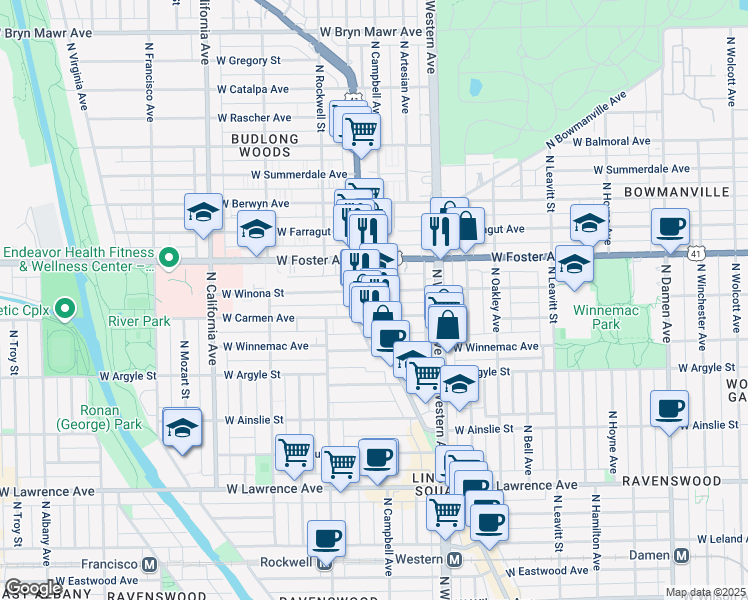 map of restaurants, bars, coffee shops, grocery stores, and more near 5111 North Lincoln Avenue in Chicago