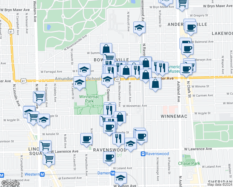 map of restaurants, bars, coffee shops, grocery stores, and more near 5074 North Winchester Avenue in Chicago