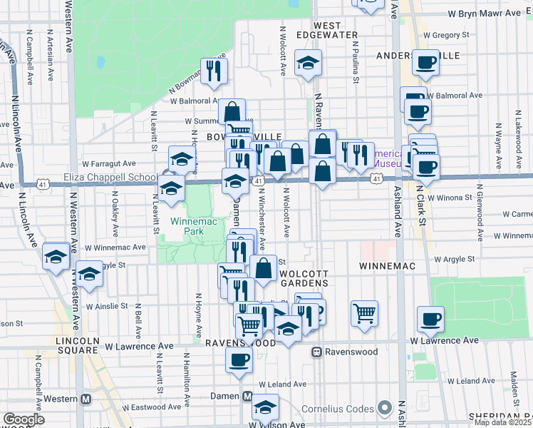 map of restaurants, bars, coffee shops, grocery stores, and more near 5074 North Winchester Avenue in Chicago