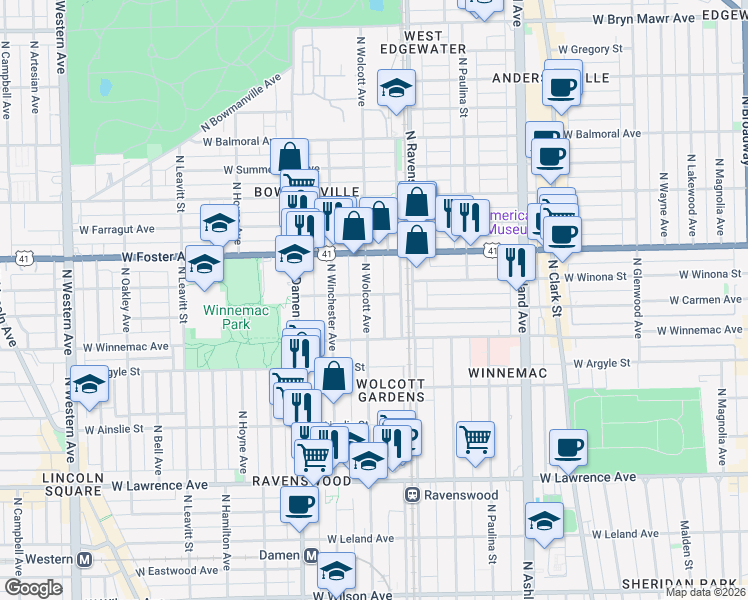 map of restaurants, bars, coffee shops, grocery stores, and more near 1901 West Winona Street in Chicago