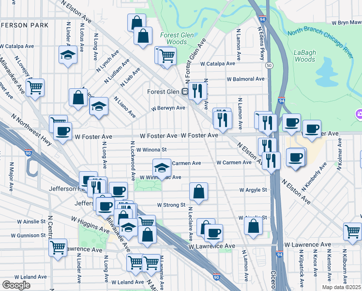 map of restaurants, bars, coffee shops, grocery stores, and more near 5114 W Winona St in Chicago