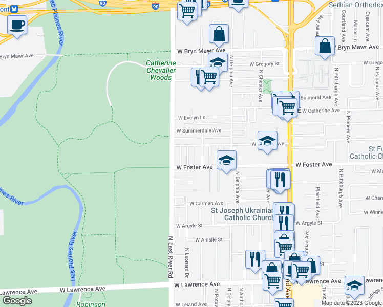 map of restaurants, bars, coffee shops, grocery stores, and more near 5227 North Reserve Avenue in Chicago
