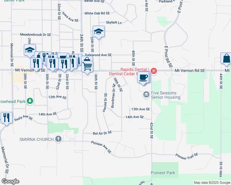 map of restaurants, bars, coffee shops, grocery stores, and more near 1112 Brockman Drive Southeast in Cedar Rapids