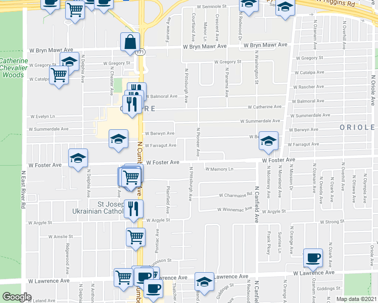 map of restaurants, bars, coffee shops, grocery stores, and more near 5231 North Pittsburgh Avenue in Chicago