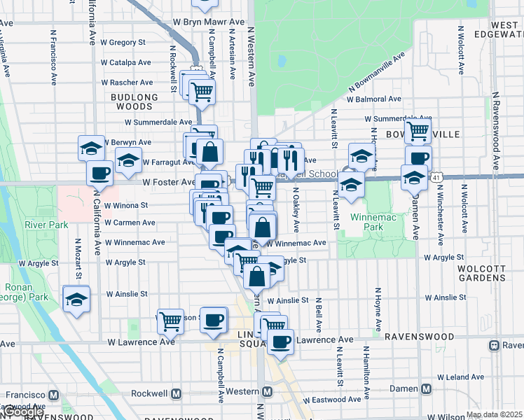 map of restaurants, bars, coffee shops, grocery stores, and more near 5115 North Western Avenue in Chicago