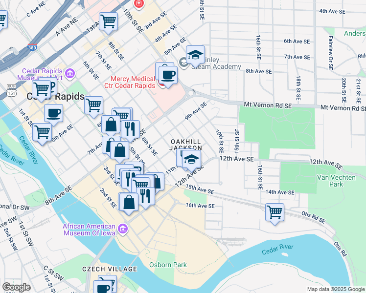 map of restaurants, bars, coffee shops, grocery stores, and more near 715 10th Avenue Southeast in Cedar Rapids
