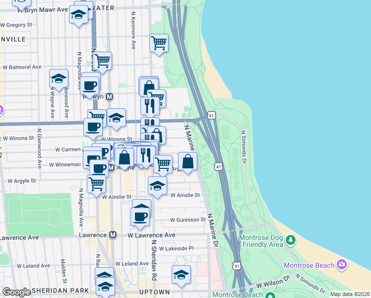 map of restaurants, bars, coffee shops, grocery stores, and more near 5040 North Marine Drive in Chicago