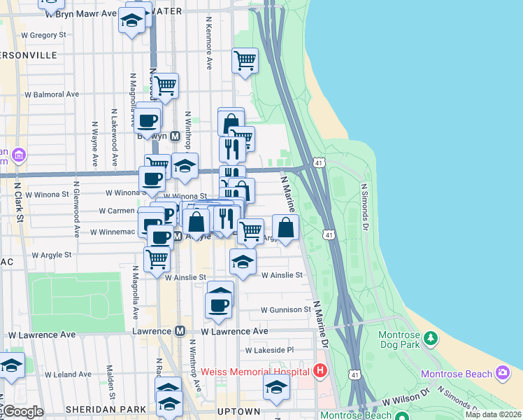 map of restaurants, bars, coffee shops, grocery stores, and more near 932 West Carmen Avenue in Chicago
