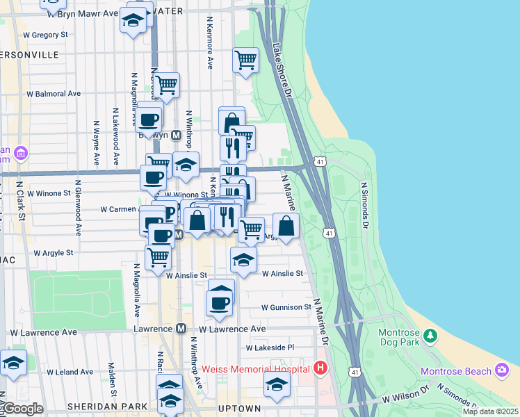 map of restaurants, bars, coffee shops, grocery stores, and more near 932 West Carmen Avenue in Chicago