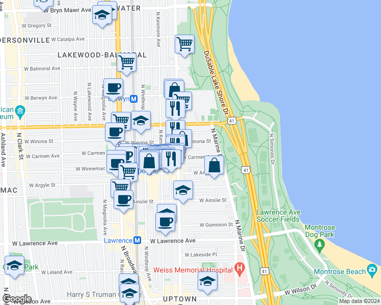 map of restaurants, bars, coffee shops, grocery stores, and more near 932 West Carmen Avenue in Chicago