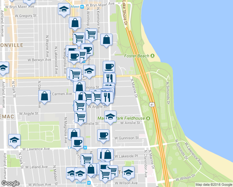 map of restaurants, bars, coffee shops, grocery stores, and more near 932 West Carmen Avenue in Chicago