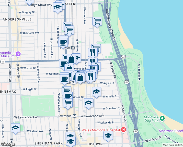 map of restaurants, bars, coffee shops, grocery stores, and more near 5036 North Sheridan Road in Chicago