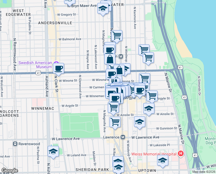 map of restaurants, bars, coffee shops, grocery stores, and more near 5080 North Broadway in Chicago