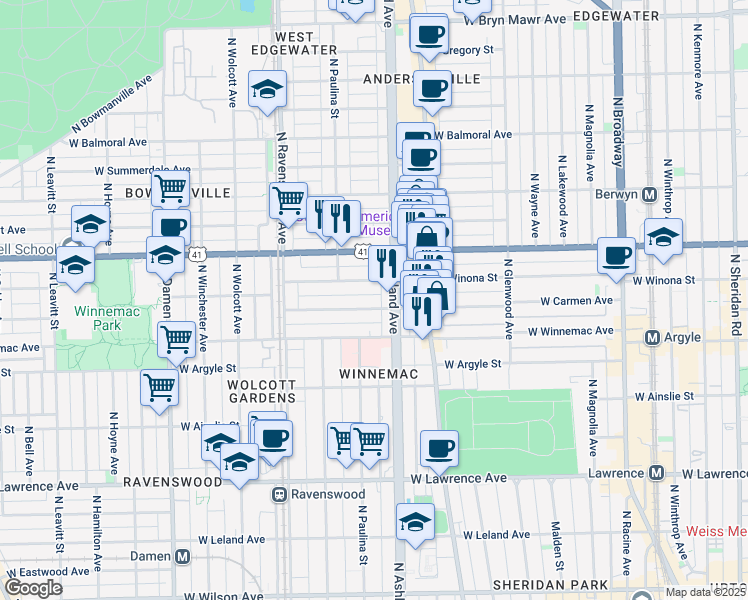 map of restaurants, bars, coffee shops, grocery stores, and more near 1618 West Carmen Avenue in Chicago