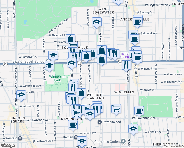 map of restaurants, bars, coffee shops, grocery stores, and more near 1901 West Winona Street in Chicago