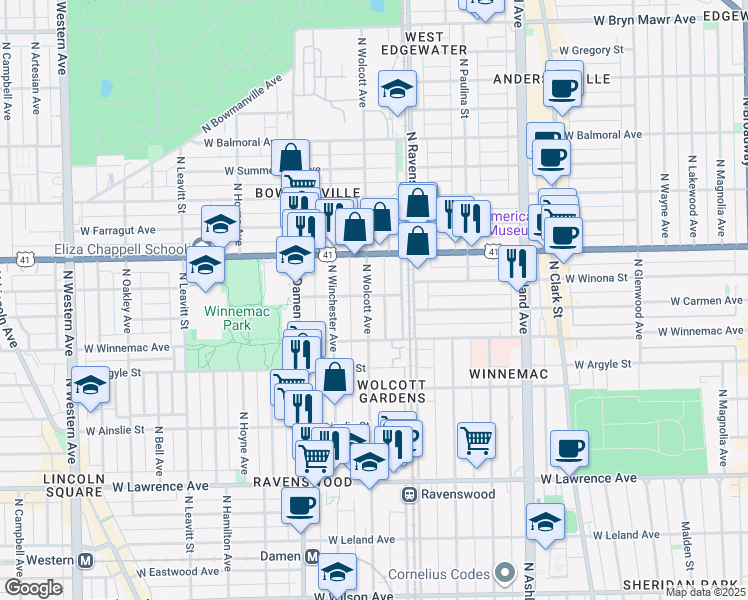 map of restaurants, bars, coffee shops, grocery stores, and more near 1901 West Winona Street in Chicago