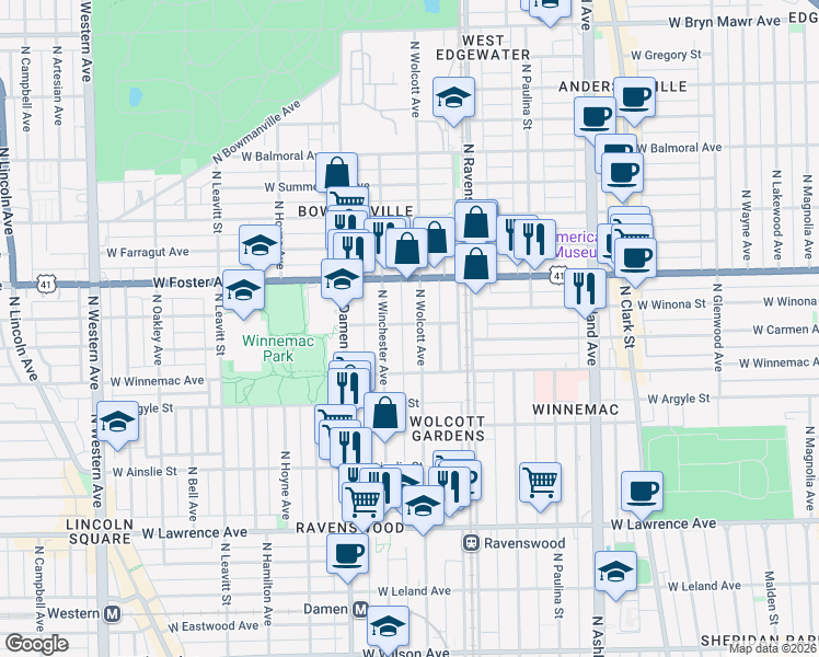 map of restaurants, bars, coffee shops, grocery stores, and more near 1901 West Winona Street in Chicago
