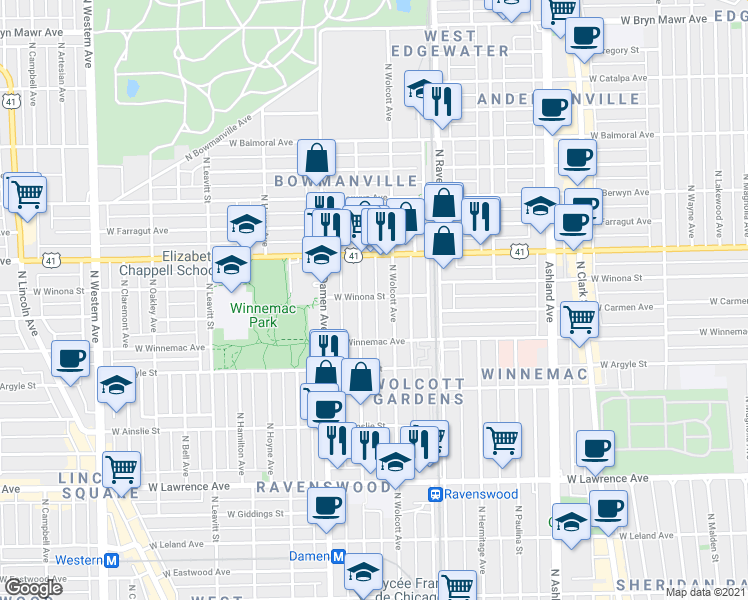 map of restaurants, bars, coffee shops, grocery stores, and more near 1919 West Winona Street in Chicago