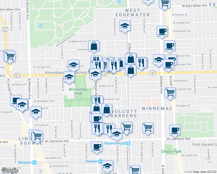 map of restaurants, bars, coffee shops, grocery stores, and more near 5074 North Winchester Avenue in Chicago