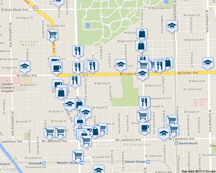 map of restaurants, bars, coffee shops, grocery stores, and more near 5101 North Leavitt Street in Chicago