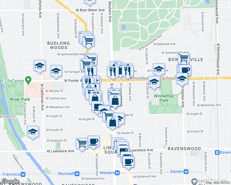 map of restaurants, bars, coffee shops, grocery stores, and more near 5107 North Western Avenue in Chicago
