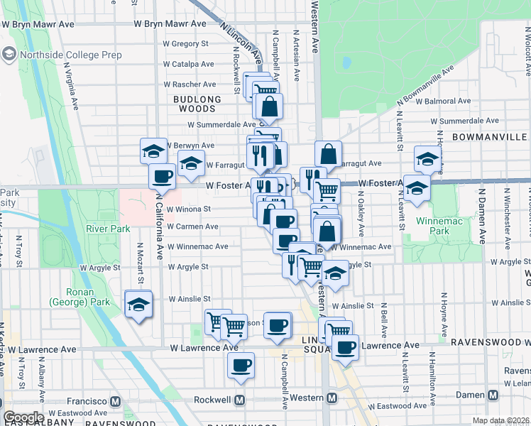 map of restaurants, bars, coffee shops, grocery stores, and more near 2515 West Winona Street in Chicago