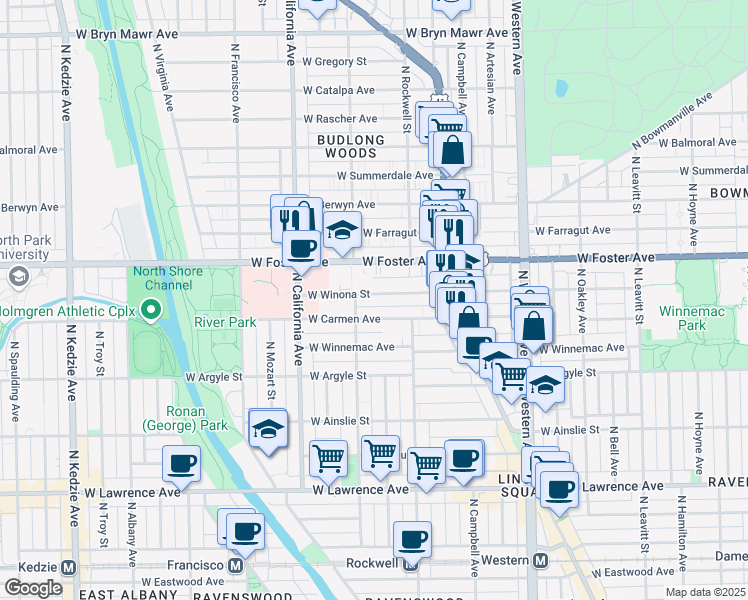 map of restaurants, bars, coffee shops, grocery stores, and more near 2651 West Winona Street in Chicago