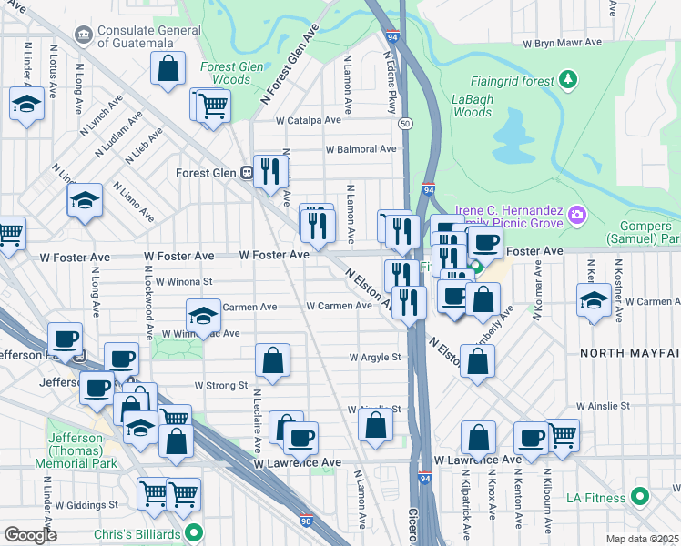 map of restaurants, bars, coffee shops, grocery stores, and more near 4928 West Winona Street in Chicago