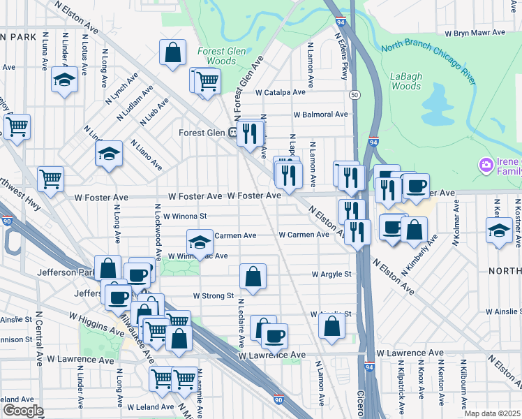 map of restaurants, bars, coffee shops, grocery stores, and more near 5042 West Winona Street in Chicago