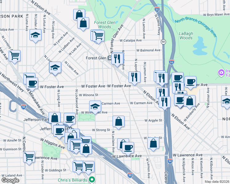map of restaurants, bars, coffee shops, grocery stores, and more near 5042 West Winona Street in Chicago