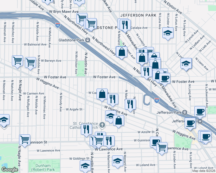 map of restaurants, bars, coffee shops, grocery stores, and more near 5117 North Marmora Avenue in Chicago