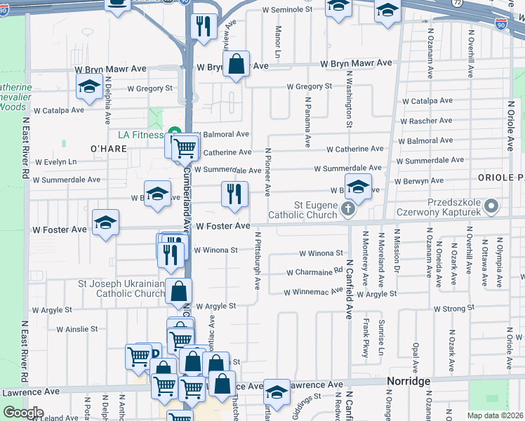 map of restaurants, bars, coffee shops, grocery stores, and more near 5231 North Pittsburgh Avenue in Chicago