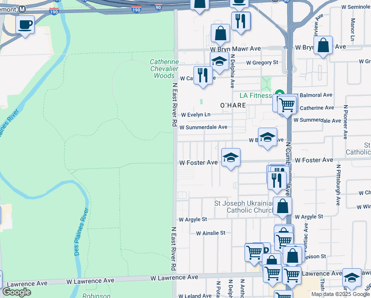 map of restaurants, bars, coffee shops, grocery stores, and more near 5223 North East River Road in Chicago