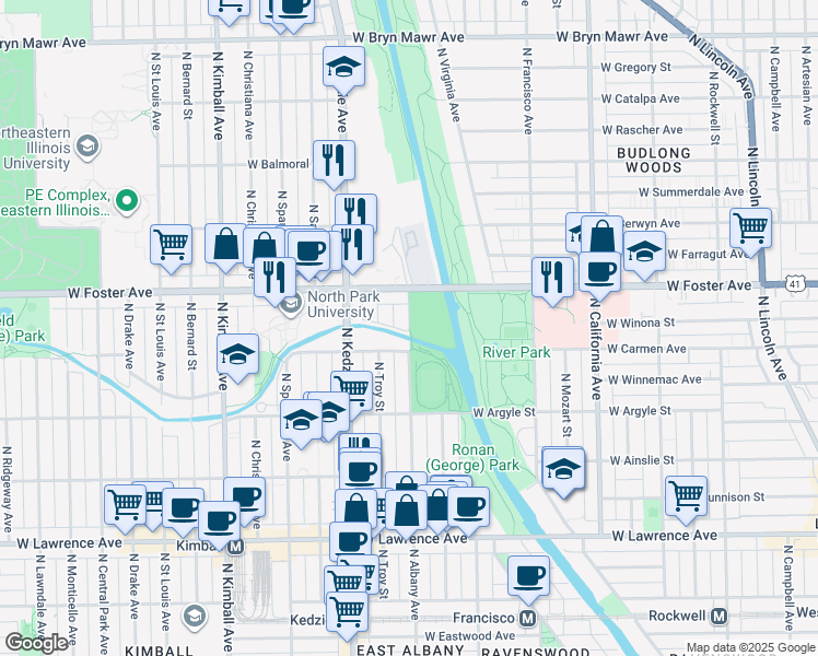 map of restaurants, bars, coffee shops, grocery stores, and more near 5101 North Albany Avenue in Chicago