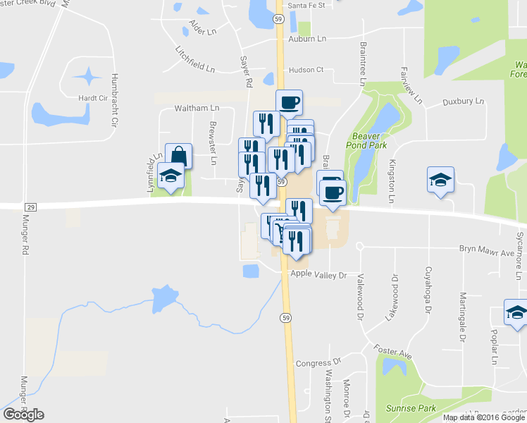 map of restaurants, bars, coffee shops, grocery stores, and more near 1121 West Stearns Road in Bartlett