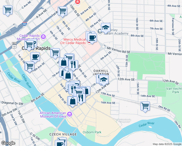 map of restaurants, bars, coffee shops, grocery stores, and more near 917 7th Street Southeast in Cedar Rapids