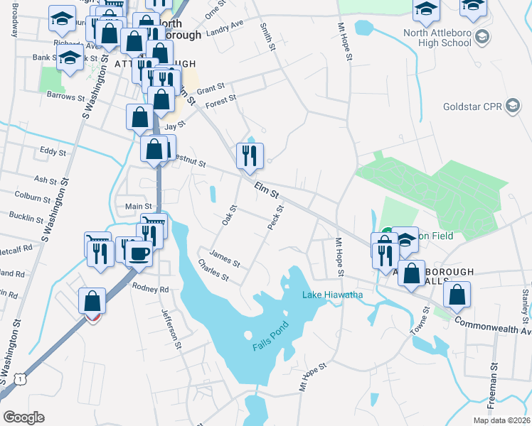 map of restaurants, bars, coffee shops, grocery stores, and more near 33 Lafayette Street in North Attleborough