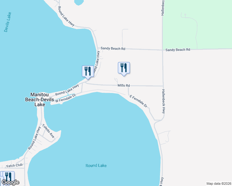 map of restaurants, bars, coffee shops, grocery stores, and more near 9100 West Ferndale Drive in Manitou Beach-Devils Lake