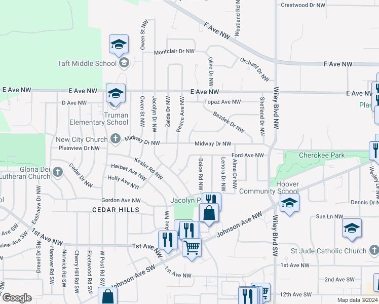 map of restaurants, bars, coffee shops, grocery stores, and more near 4740 Ford Avenue Northwest in Cedar Rapids