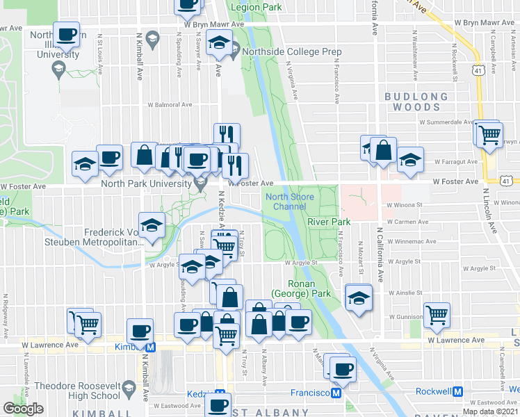 map of restaurants, bars, coffee shops, grocery stores, and more near 5100 North Albany Avenue in Chicago